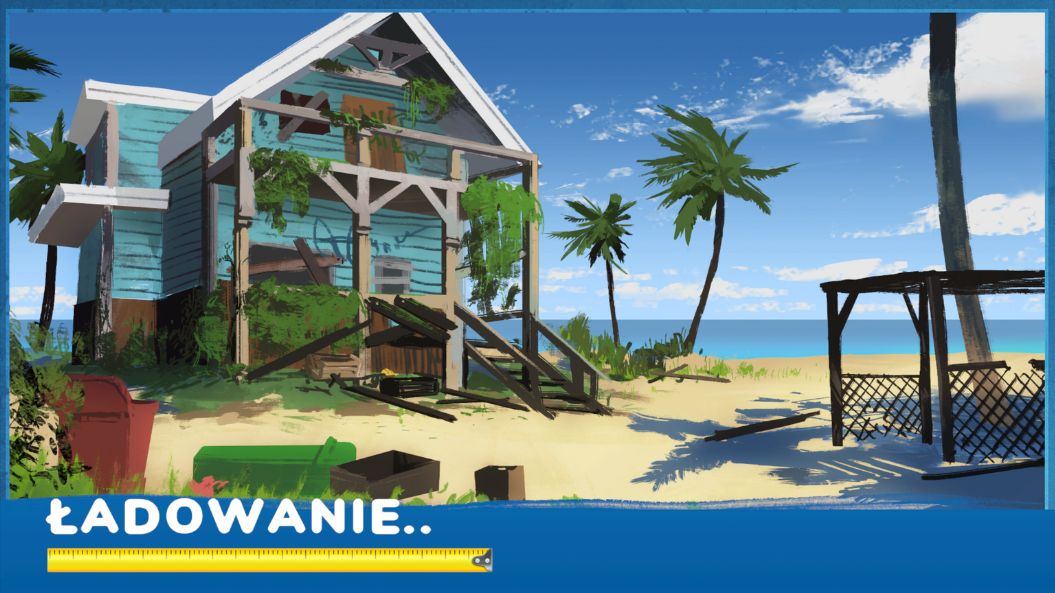 Grafika przedstawia domek na plaży, zniszczony i porośnięty dzikimi roślinami. W tle palmy, morze, plaża, błękitne niebo i chmury. Na dole pasek do ładowania w formie miarki.