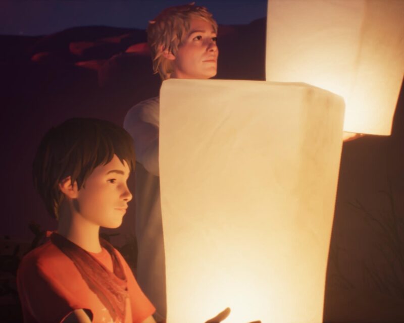 Screen z gry "Life is Strange". Widzimy na nim postacie chłopca i kobiety wypuszczających w powietrze papierowe lampiony.