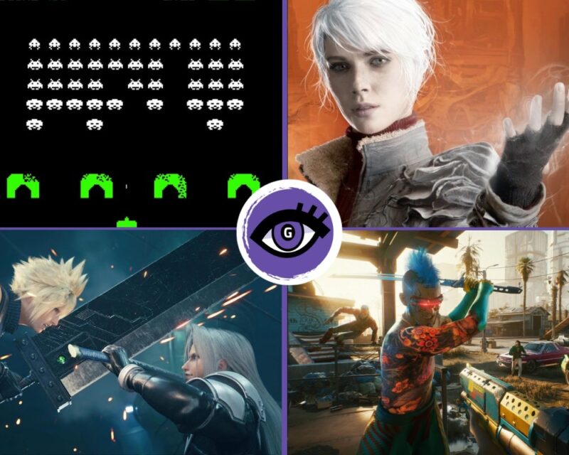 Obrazek jest kolażem czterech gier wideo. Przedstawia jak ewoluowała grafika w grach. Na górze po lewej jest screen z Space Invaders, po prawej u góry plakat gry The Medium, na dole po lewej grafika z Final Fantasy VII i po prawej z Cyberpunka