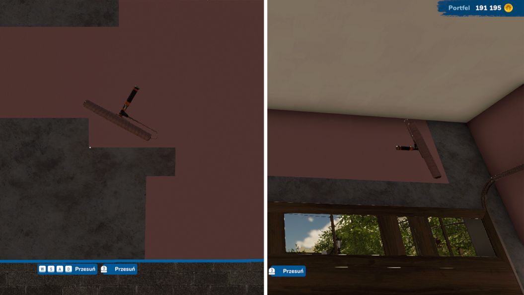 gra House Flipper 2. Widzimy proces malowania ściany na ciemny, brudno różowy kolor. Grafika jest podzielona na dwie części, gdzie w jednej malujemy ścianę z wyznaczonym obszarem za pomocą linii przypominających taśmę malarską. Druga część ukazuje malowanie, gdzie nie mamy wyznaczonego obszaru, sterujemy wałkiem swobodnie. 