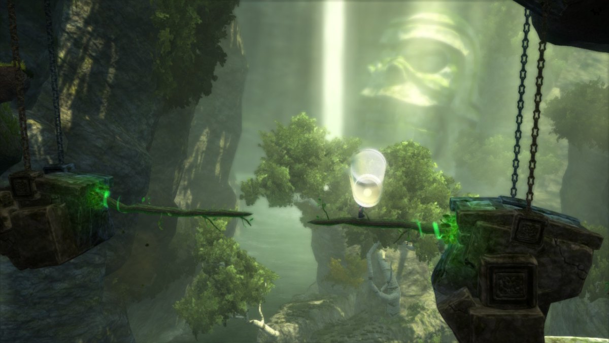 Screen z gry "Max: The Curse of Brotherhood", na obrazku widać zieloną krainę oraz fragment magicznego flamastra, którym sterujemy w grze