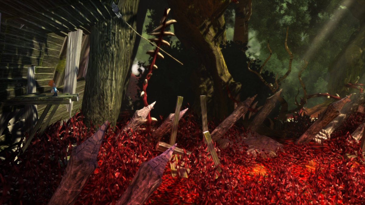 Na obrazku widać postać chłopca stojącego nad przepaścią. Przed nim rozciąga się morze czerwonych kłączy.