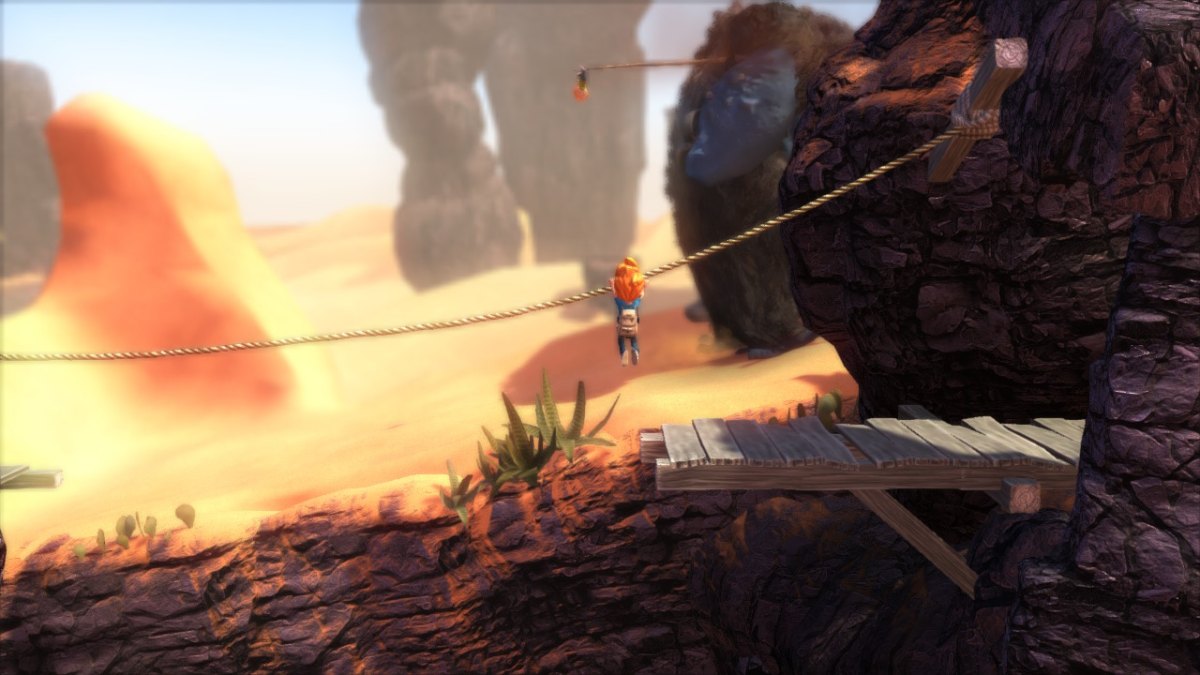 Screen z gry "Max: The Curse of Brotherhood", na obrazku widać chłopca zwisającego na linie nad przepaścią.