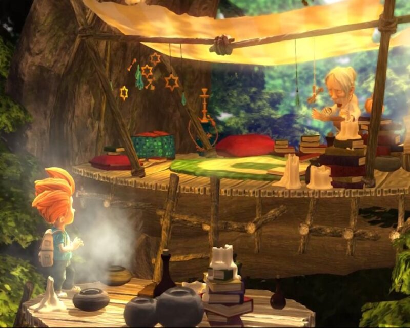 Screen z gry "Max: The Curse of Brotherhood", na obrazku widzimy rudowłosego bohatera oraz tajemniczą postać o siwych włosach. Wokół nich znajdują się stare księgi.