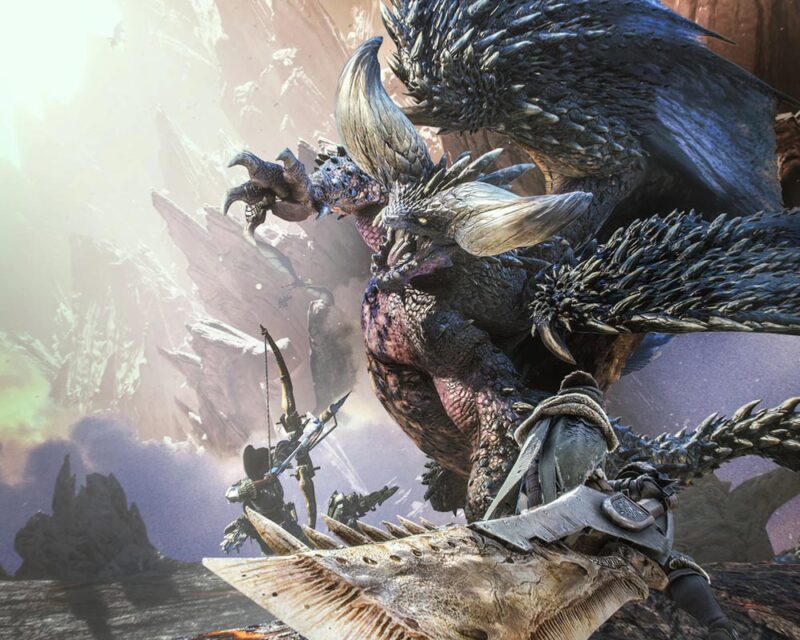 Grafika promocyjna gry Monster Hunter: World. Na obrazku widać starcie dużego, skrzydlatego potwora z wojownikiem celującym z łuku.