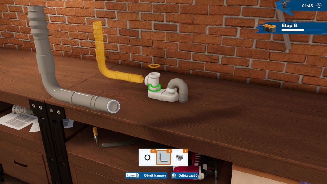 grafika z gry House Flipper 2. Widoczny jest blat, na którym leżą rury do zmontowania. Widać również części do wyboru, takie jak nakrętki czy uszczelki. Za blatem ceglana ściana.