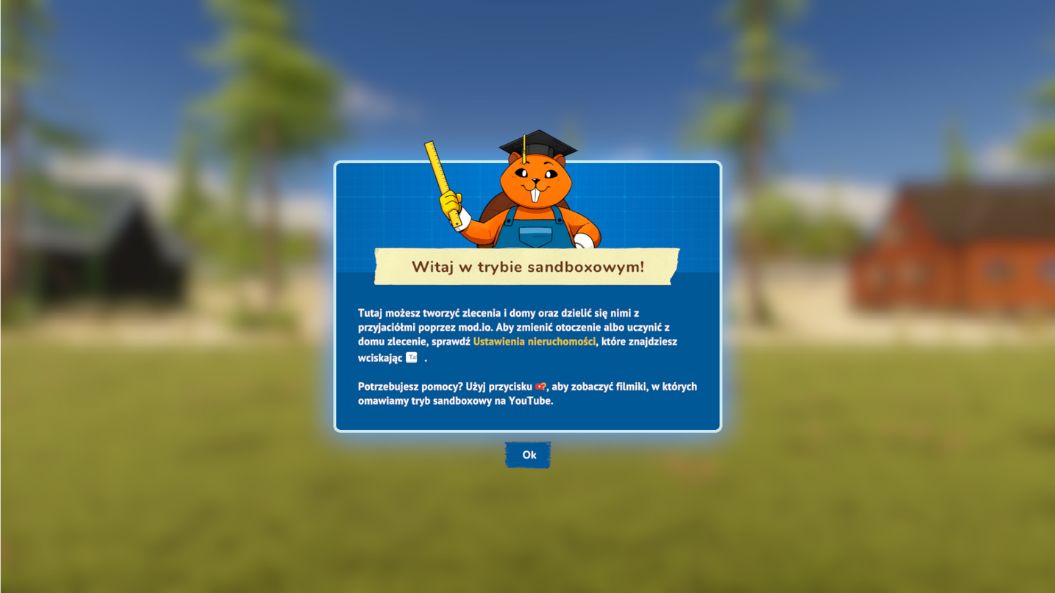 Grafika przedstawia informacje wyświetlane po rozpoczęciu trybu sandboxowego. Na grafice widać bobra ubranego w akademicką czapkę i robocze ogrodniczki. Poniżej znajduje się opis funkcji trybu gry. W tle widać zarys działki do budowania.