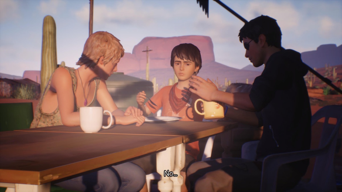 Screen z gry "Life is Strange 2". Widzimy na nim troje bohaterów: kobietę i dwóch chłopców siedzących przy stole.