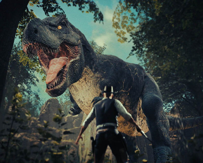 Grafika promująca grę Son and Bone. Odwrócony plecami do kamery kowboj stoi naprzeciwko tyranozaura.