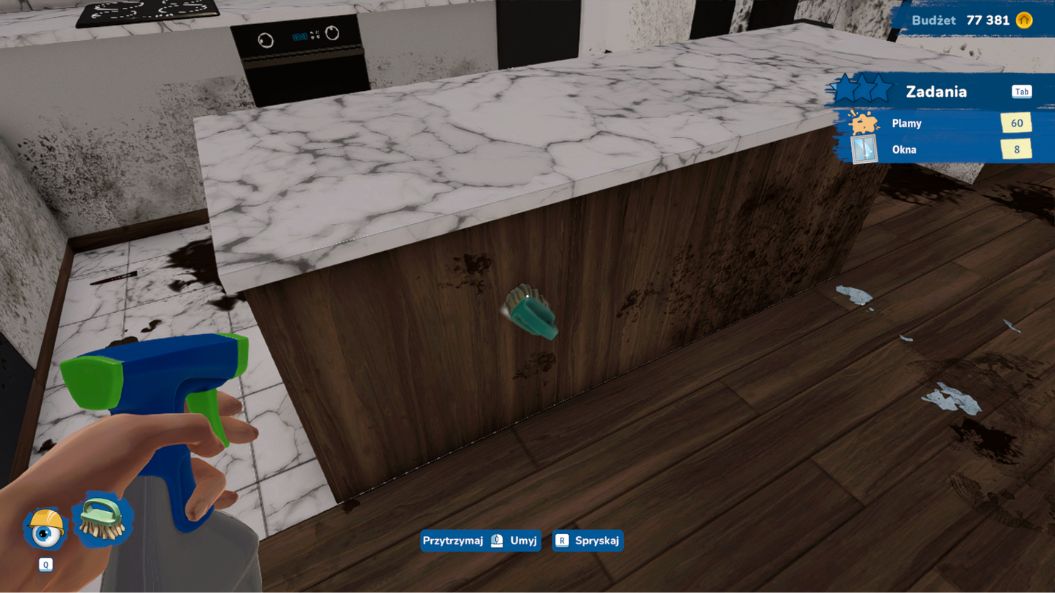 gra House Flipper 2. widzimy bardzo brudne szafki kuchenne, składające się z marmurowych blatów i drewnianych korpusów. Pokrywają je zacieki i plamy, które szorujemy za pomocą szczotki. Sterowana przez nas postać ma w ręku również spray do czyszczenia.