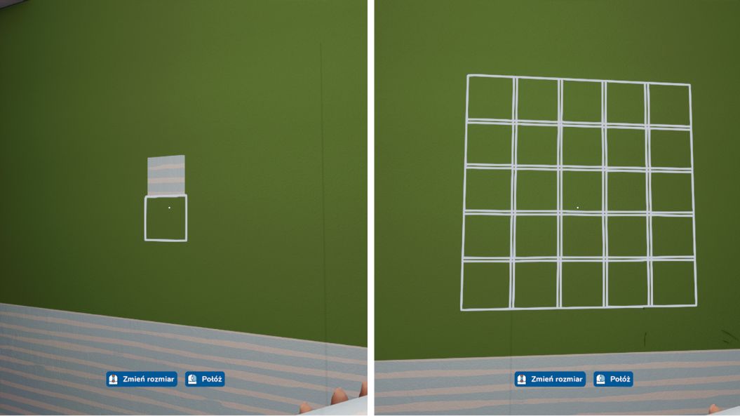 gra House Flipper 2. Na grafice przedstawione są różnice w kładzeniu tapet. Po lewej widać zielone ściany z położoną u dołu tapetą oraz zaznaczeniem jednej kratki pod kolejny element. Po prawej natomiast widoczna jest ta sama ściana, ale obszar zaznaczenia jest znacznie większy.