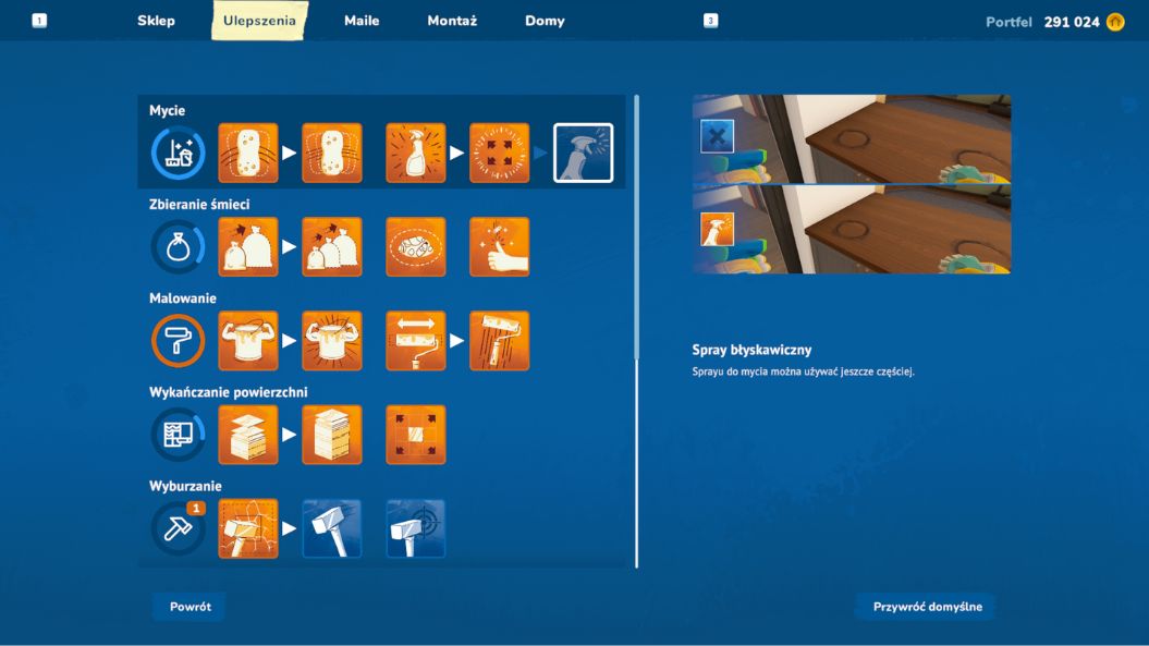 gra House Flipper 2. Na zrzucie ekranu widoczne jest menu ulepszeń. Pomarańczowe kafelki pokazują możliwości ulepszeń w danej kategorii. Na kafelkach są białe ikony wałków, puszek z farbą czcy młotów, a po prawej stronie znajdują się grafiki wyjaśniające działanie ulepszeń.