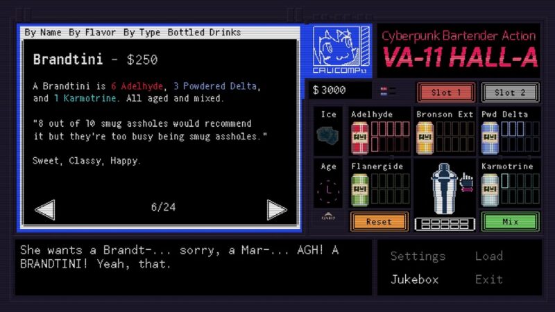 Ekran przygotowywania drinków w VA-11 HALL-A Cyberpunk Bartender Action