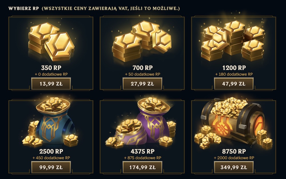 Na obrazku jest przedstawiona waluta w grze League of Legends wraz z jej rzeczywistym kosztem. Pokazuje mikrotransakcje w grach.