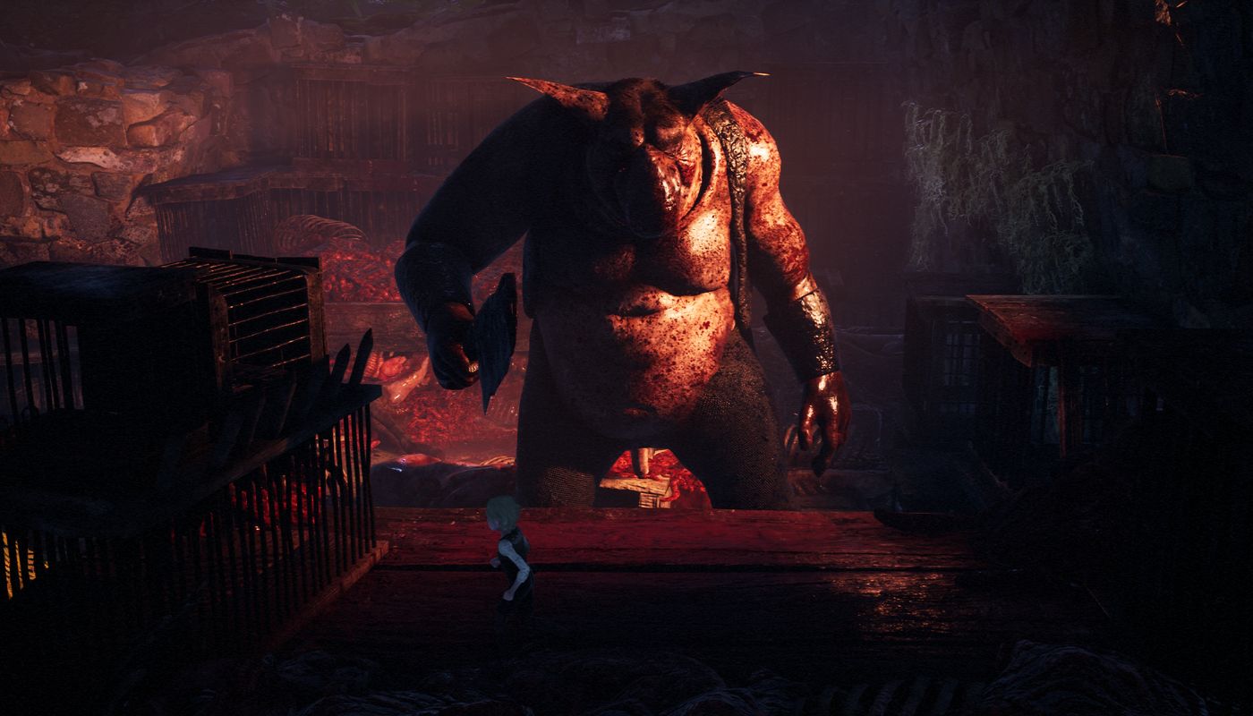 Grafika z gry Bramble: The Mountain King. Jest ciemno, dużo czerwieni. Jedyne światło pochodzi od płomieni. Na obrakzu w oczy rzuca się stwór, trol. Jest ogromny, straszny, gruby i obryzgany krwia. W ręku trzyma tasak, którym chce uderzyć Ollego. Olle biegnie w lewo, unikając ataku. W tle stoją klatki, prawdopodobnie na ofiary, widać także części zwierząt. Pomieszczenie ma ceglane ściany.