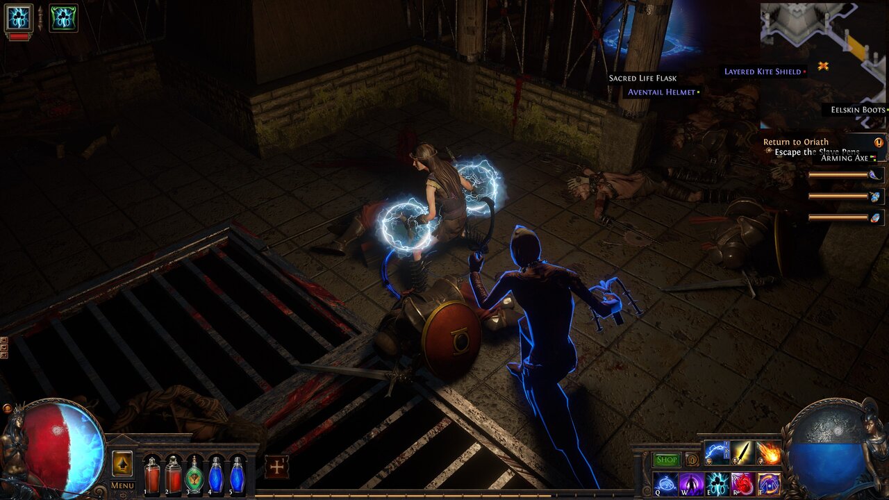 Obrazek przedstawia scenę walki w grze Path Of Exile w mrocznej lokalizacji