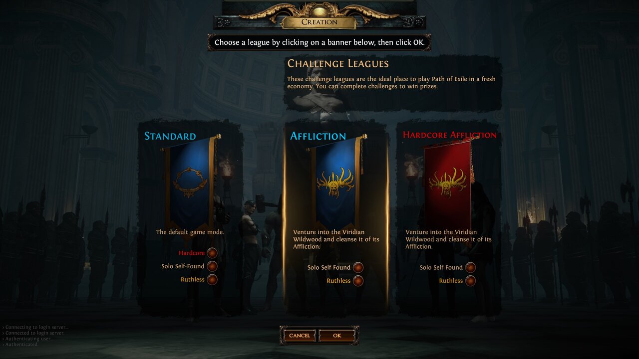 Zrzut ekranu z gry Path of Exile przedstawia dostępne ligi, w których można stworzyć postać