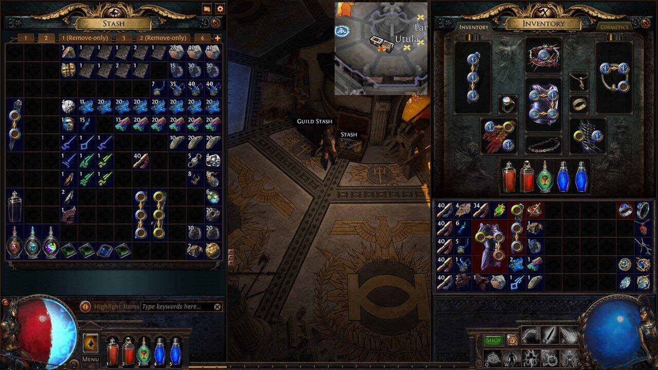 Zrzut ekranu z gry Path of Exile przedstawia przedmioty w skrzynce używane jako waluta w grze