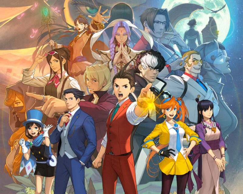 grafika promująca grę Apollo Justice: Ace Attorney Trilogy, widzimy na niej wszystkie najważniejsze postaci z trylogii, na przodzie mężczyzna z brązowymi włosami i w czerwonym garniturze, po jego lewej stronie mężczyzna z czarnymi włosami i w niebieskim garniturze, po prawej natomiast kobieta z rudymi włosami i w żółtym garniturze, lecz zamiast spodni ma żółtą spódniczkę i czarne rajstopy