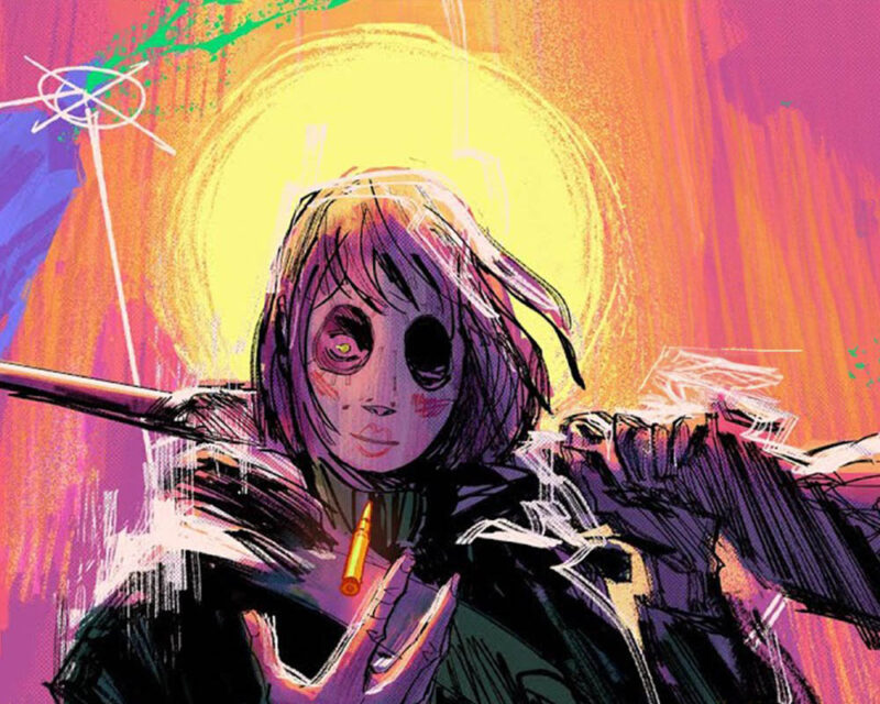 Grafika promująca grę Children of the Sun. Dziewczyna z maską na twarzy ma przewieszony na ramieniu karabin snajperski, drugą dłonią podrzuca nabój. Cały obrazek utrzymany jest w stylu niedbałego szkicu.