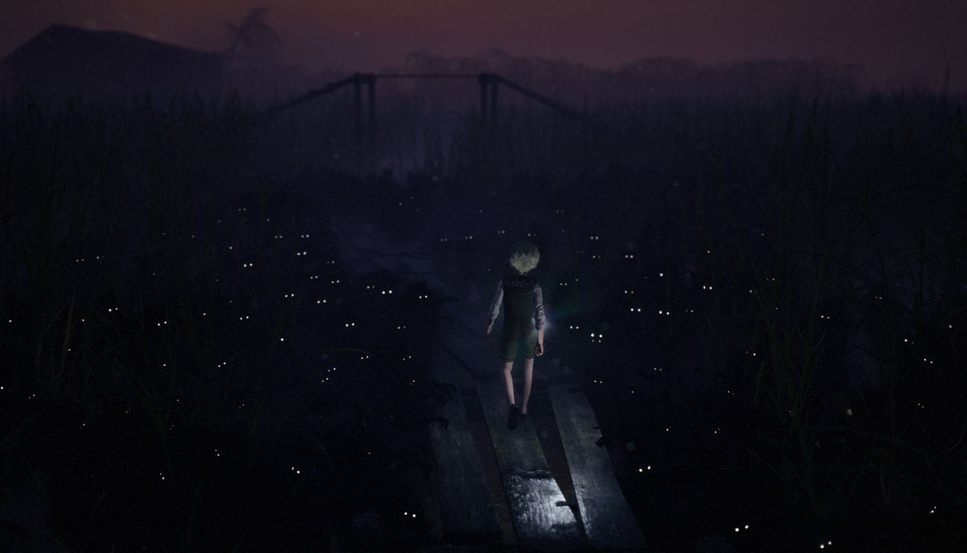 Grafika z gry Bramble: The Mountain King. Jest noc, Olle idzie po drewnianej kładce,  a wokół niego znajduje się mnóstwo czarnych postaci o nieokreślonym kształcie. Mają świecące oczy i wyciągają rączki w kierunku chłopca. Na drugim planie widać drewniany mostek i kawałek granatowo-różowego nieba.