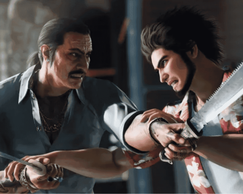 Grafika z gry Like a Dragon: Infinite Wealth. Dwóch głównych bohaterów pozuje w starciu na broń jednoręczną