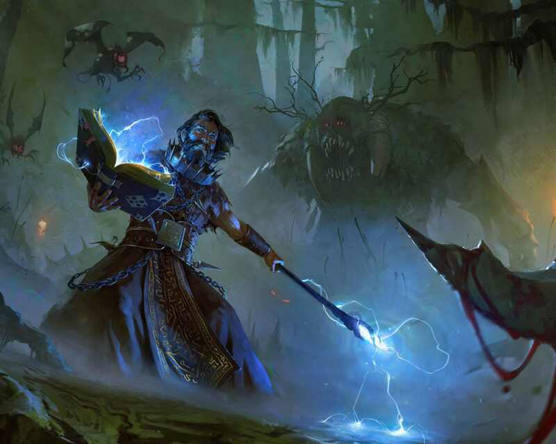 Grafika wyobrażająca bohatera gry walczącego w potworami na bagnach