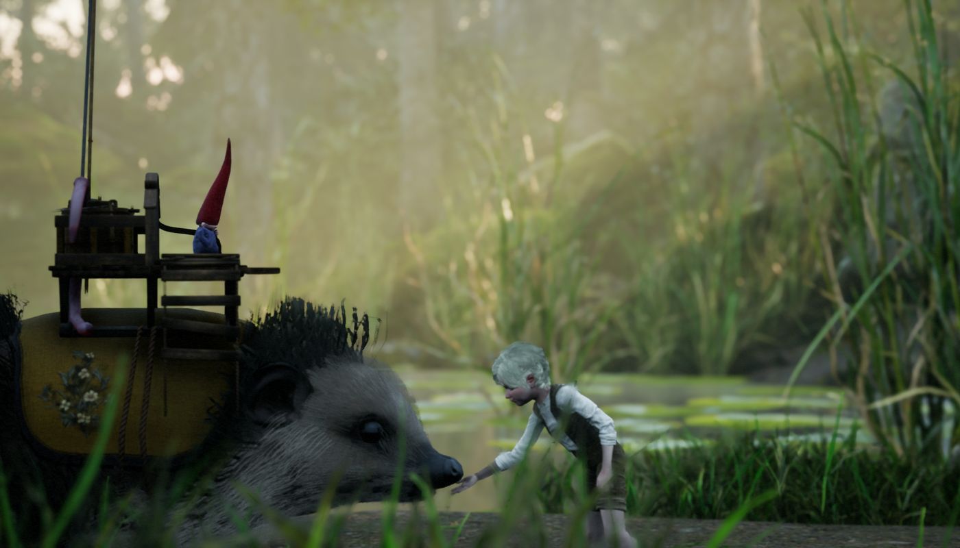 Na grafice widać chłopca, który daje powąchać dłoń jeżowi o rozmiarach znacznie większych niż naturalnie. Jeż jest wielkości konia. Na jeża założone jest specjalne siodło oraz derka z kwiatowym motywem. Na czubku siedzi mały gnom w czerwonej czapeczce. W tle widać staw, wodne rośliny. Jest słoneczny dzień.