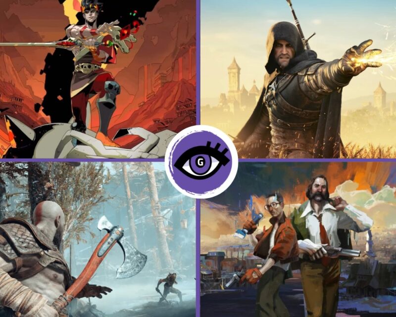 Kolaż czterech gier po środku których widnieje logo Grajmerek. Na górze po lewej Hades, po prawej Wiedźmin 3. Na dole po lewej God of War i po prawej Disco Elysium.
