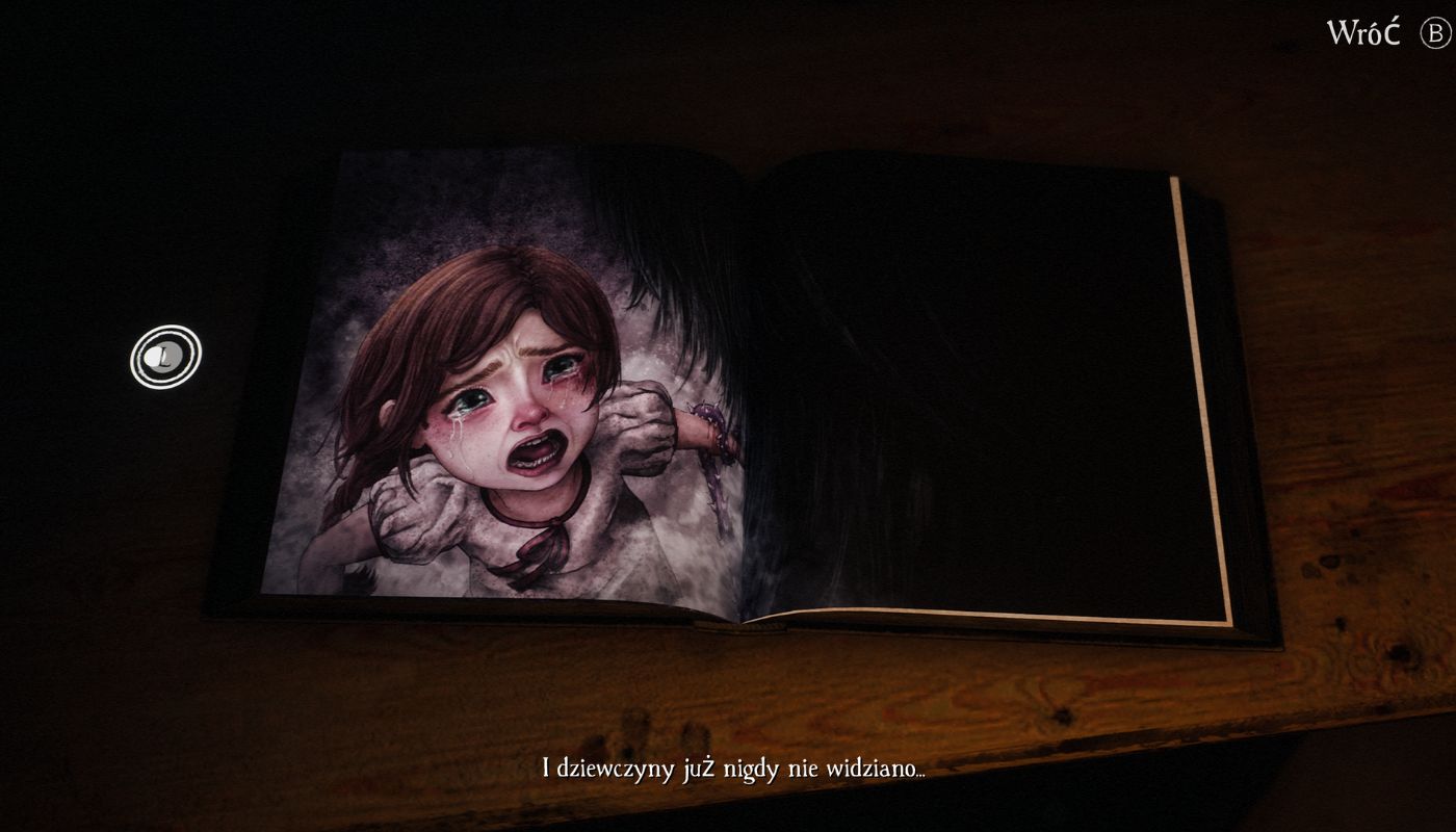 Na grafice widać otwartą książkę. Na stronie po lewej widać krzyczącą, wyraźnie przestraszoną dziewczynkę. Z jej oczu płyną łzy. Z drugiej strony, która jest czarna, tajemniczy, mroczny kształt wisi nad dzieckiem. 