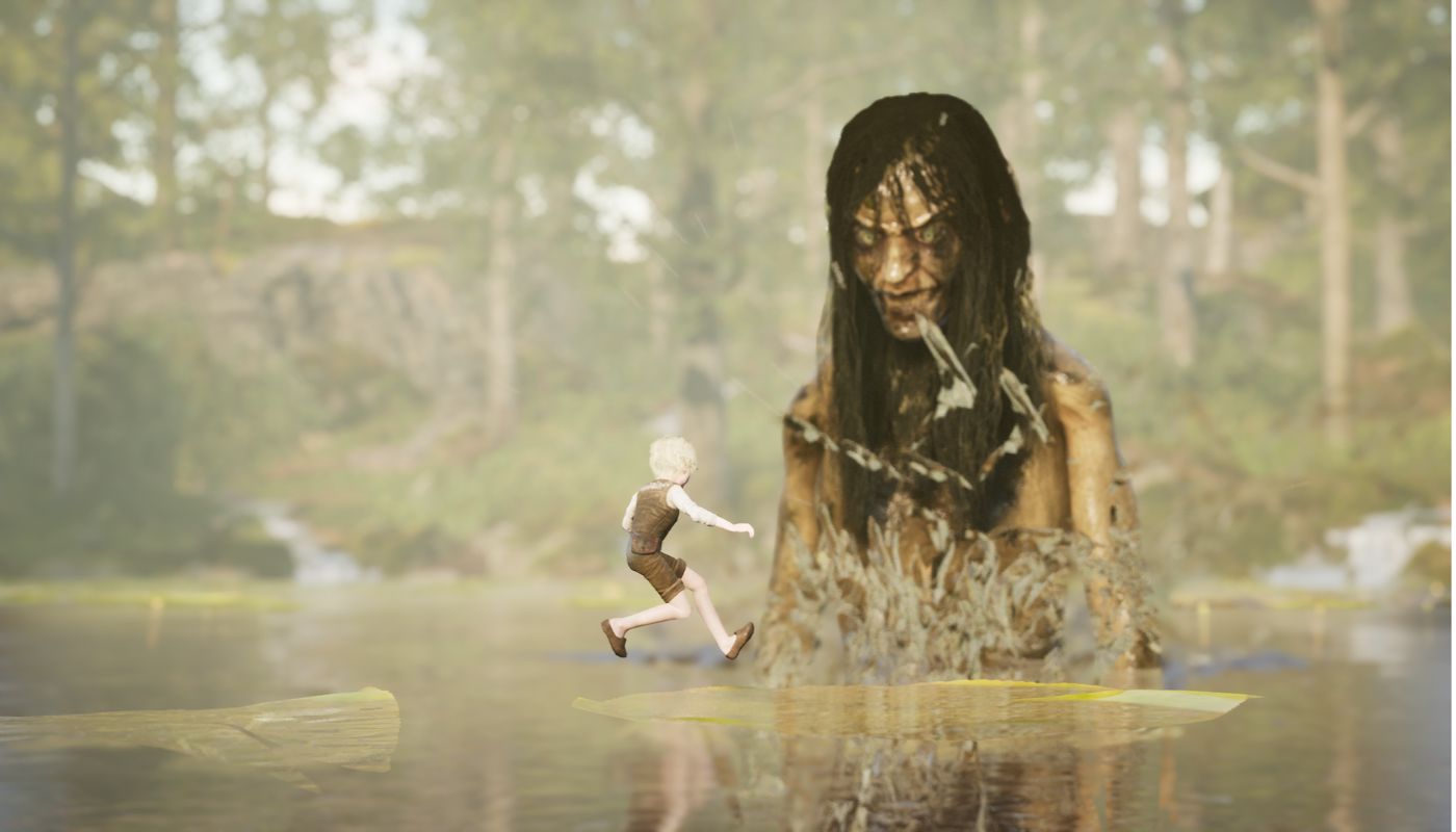 Na grafice widać chłopca skaczącego po wielkich liściach wodnej rośliny. Podczas skoku z wody wyłania się stwór o imieniu Nacken. Wygląda jak wodnik, jest straszny, jego włosy są długie, ciemne, przylepione do ciała. Skóra żółto brązowa. Na twarzy stwora widoczny jest paskudny grymas. Jest dzień, jasno, słonecznie. Stwór stoi w kontraście do panujących okoliczności przyrody.