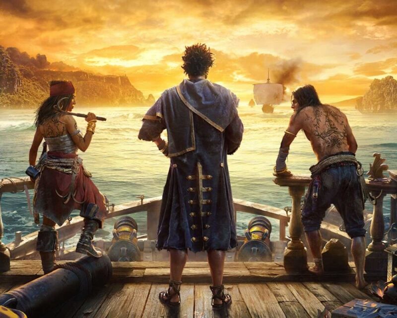 Grafika z gry Skull and Bones, widzimy na niej 3 stojące tyłem postaci na przodzie statku, przed nimi rozciąga się żółte niebo i morze