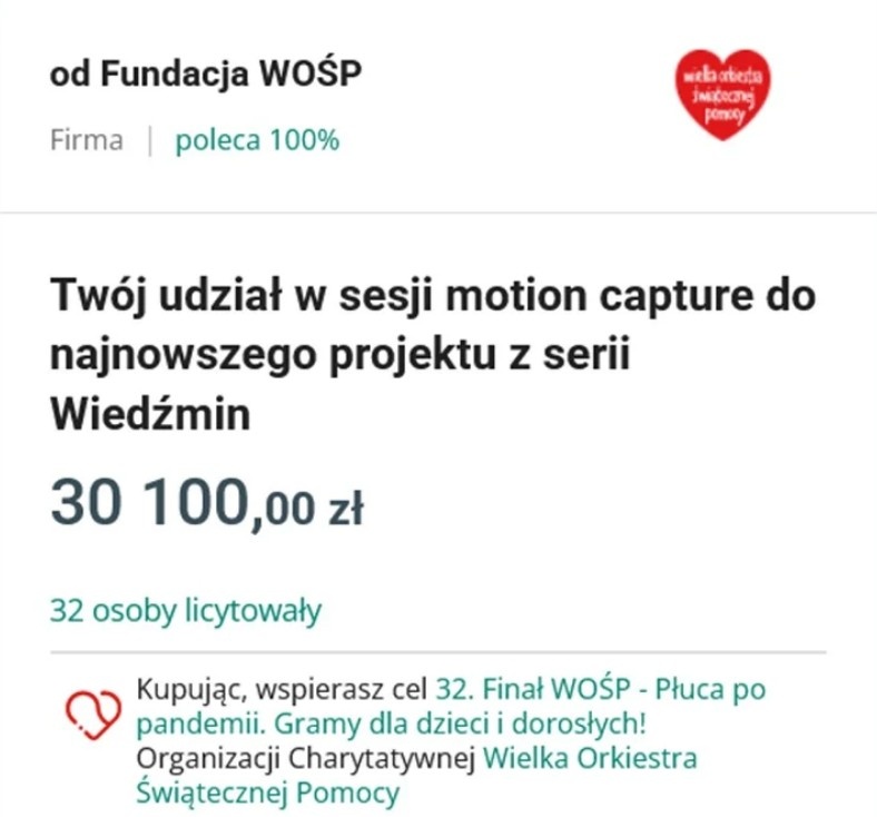 zrzut ekranu ze strony Allegro, gdzie fan wylicytował sesję motion capture do nowego WIedźmina 4 za ponad 30 tysięcy złotych