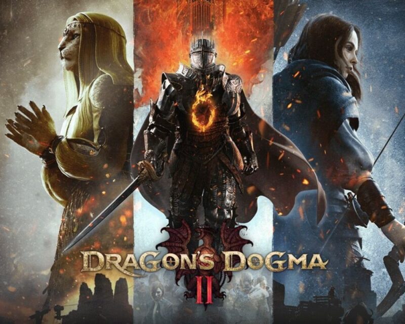 Obrazek przedstawia plakat gry Dragon`s Dogma 2. Trzy postace: wojownik w zbroi z mieczem, Kobieta w zbroi z łukiem oraz kobieta-kot w sukni.