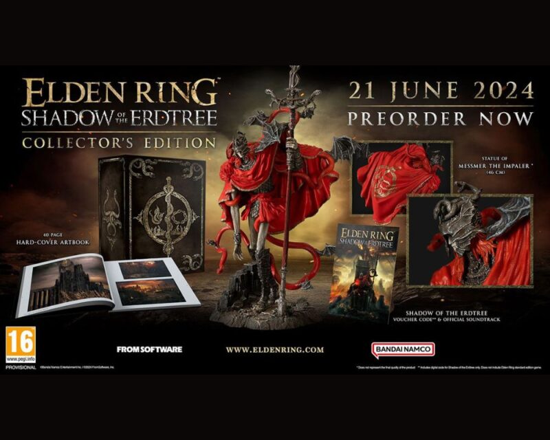 Obrazek przedstawia zestaw Elden Ring Shadow of the Erdtree do kupienia w przedsprzedaży, bez cen: gry, soundrack, kod promocyjny, art-book. Widoczna jest również data nadchodzącej premiery 21 czerwca.