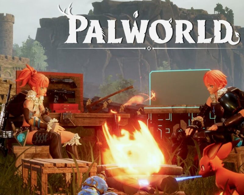 Na obrazku znajduje się logo Palworld. Pod nim, dwie postaci z gry siedzą przy ognisku, wokół nich zbierają się fantastyczne zwierzątka.