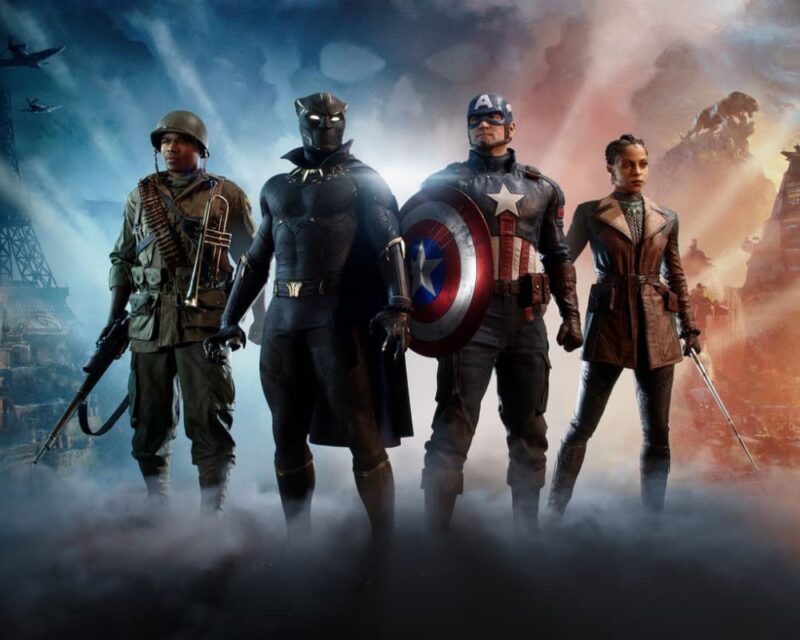 Główne zdjęcie zwiastunu fabularnego Marvel 1943 Rise of Hydra. Cztery stojące, uzbrojone postacie. Kapitan Ameryka, Czarna Pantera, Nanali i Gabriel Jones.