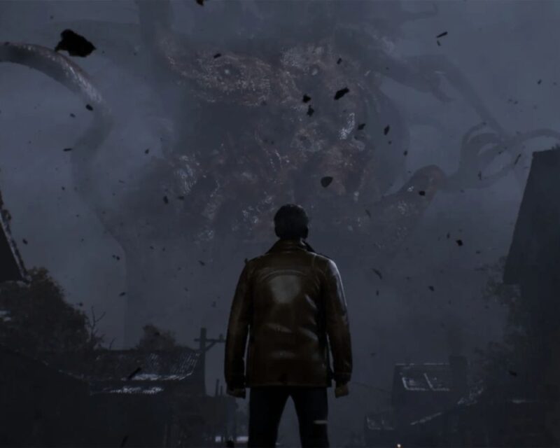 Mężczyzna stoi tyłem, przed nim miasto, a nad nim potwór z mackami