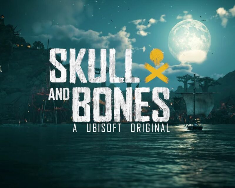 Skull & Bones, ekran startowy, na którym widzimy morze i nocne niebo w tle, a przed nimi napis z tytułem gry