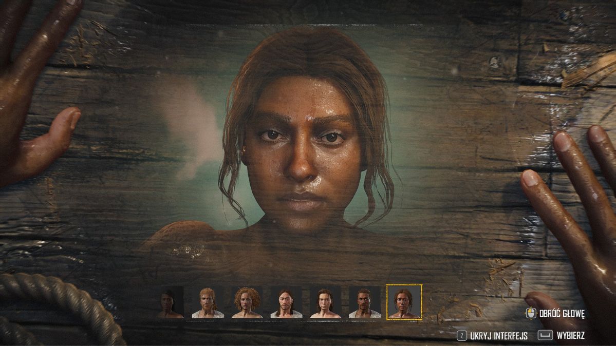 Skull & Bones, kreator postaci, widzimy twarz kobiety przeglądającej się w kałuży