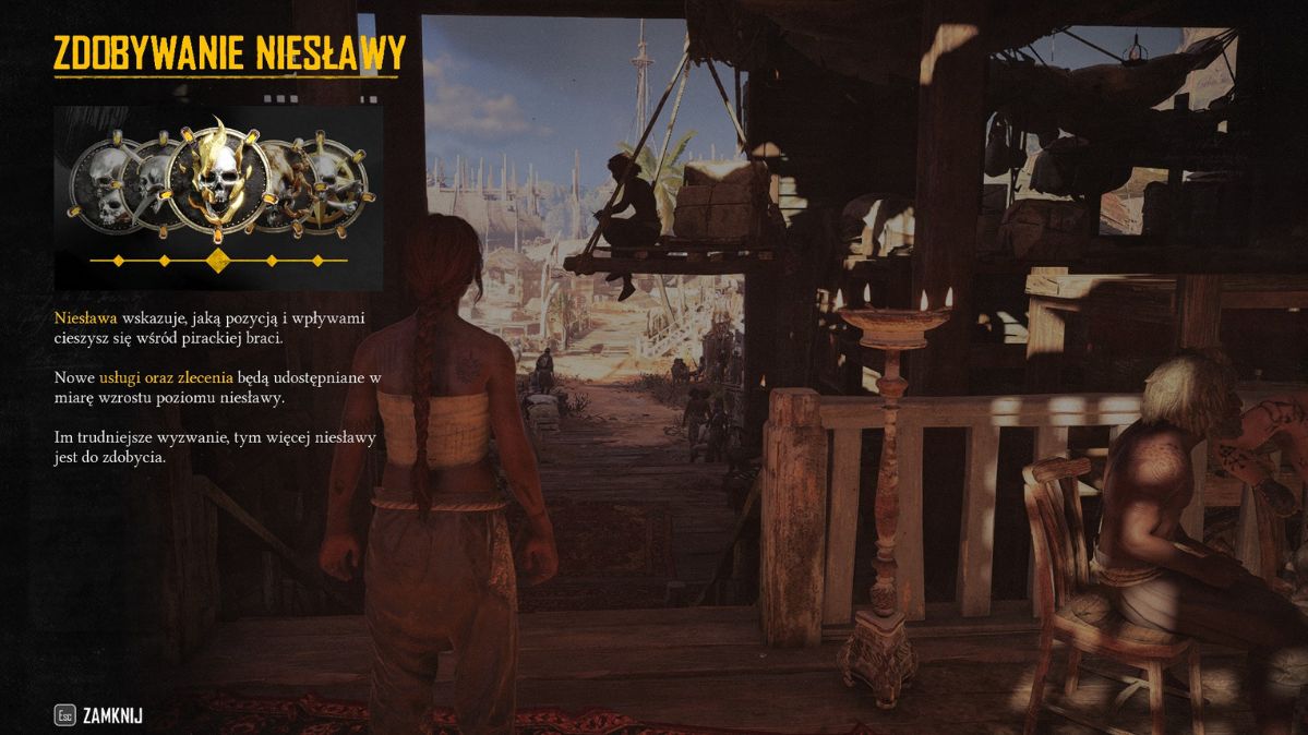 Skull & Bones, ekran wyjaśnia zasady systemu punktów niesławy, czyli reputacji pirackiej w grze