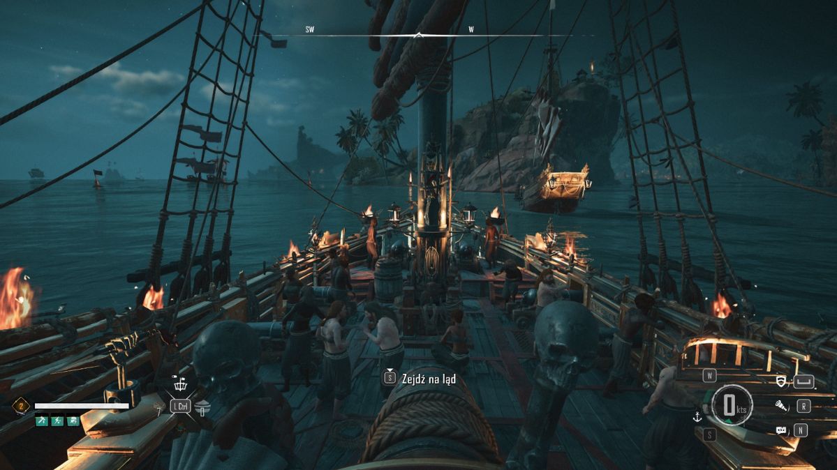 Skull & Bones, sterowanie statkiem z widoku pierwszoosobowego, rzut od steru na statek