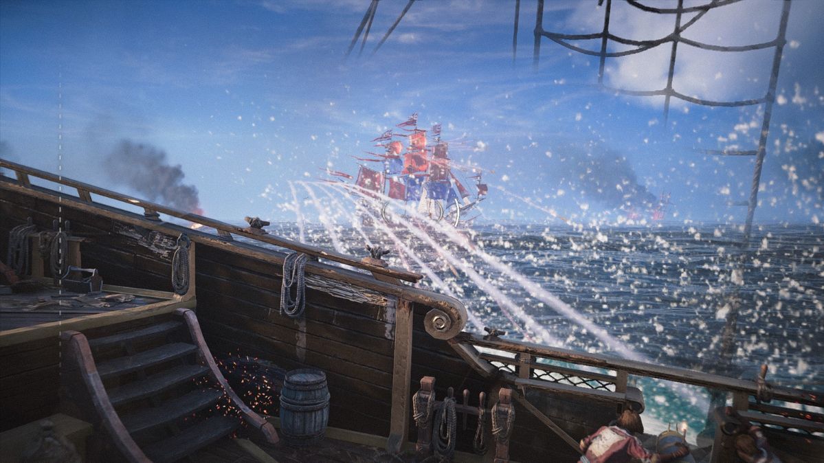 Skull & Bones, walka morska z prologu, widzimy, jak wróg oddaje do nas strzały - widać trajektorię lotu kul, w oddali wrogi okręt