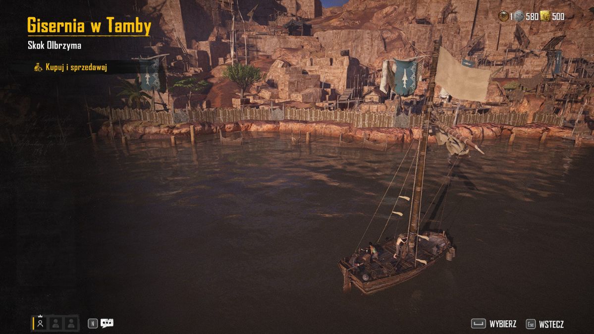 Skull & Bones, widzimy statek cumujący przy przystani, na ekranie widać opcję handlu