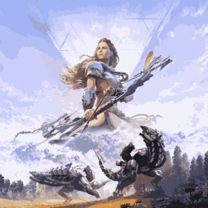 Grafika z gry Horizon: Zero Dawn przedstawia główną bohaterkę o imieniu Aloy z łukiem w ręku na tle błękitnofioletowego nieba. Postać rudowłosej Aloy ubranej w skóry i futra góruje nad leśnym krajobrazem oraz postaciami mechanicznych dinozauropodobnych przeciwników.