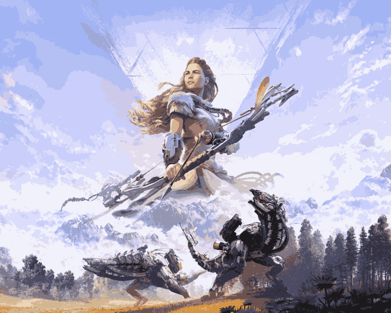 Grafika z gry Horizon: Zero Dawn przedstawia główną bohaterkę o imieniu Aloy z łukiem w ręku na tle błękitnofioletowego nieba. Postać rudowłosej Aloy ubranej w skóry i futra góruje nad leśnym krajobrazem oraz postaciami mechanicznych dinozauropodobnych przeciwników.