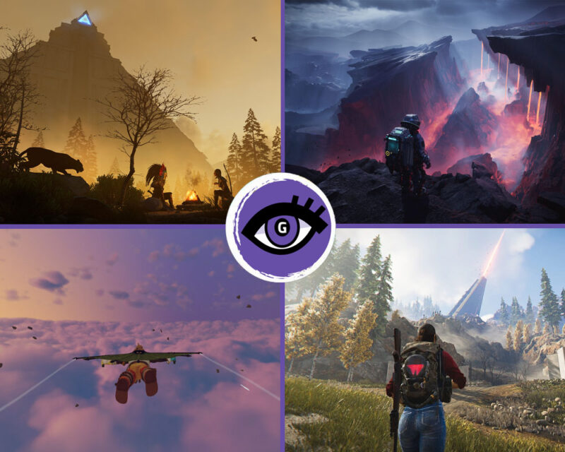 Grafika przedstawia zrzuty ekranu z gier survivalowych z premierą w 2024. Na górze od lewej: Soulmask i The Alters. Na dole od lewej: Aloft i Once Human.