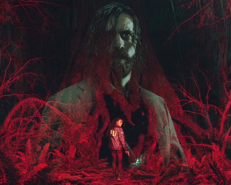 Na obrazku widnieje Alan Wake. Jest w tle, półprzezroczysty, wygląda na zdeterminowanego, ma poważną minę. Poniżej widnieje kobieta - Saga Anderson. W ręku ma latarkę, otaczają ją czerwone korzenie. Idzie w stronę Alana.