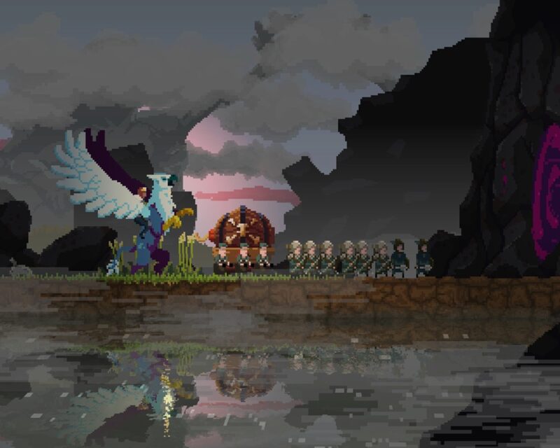 Wycinek rozgrywki z Kingdom: Two Crowns, armia rycerzy oraz gryf nad wodą
