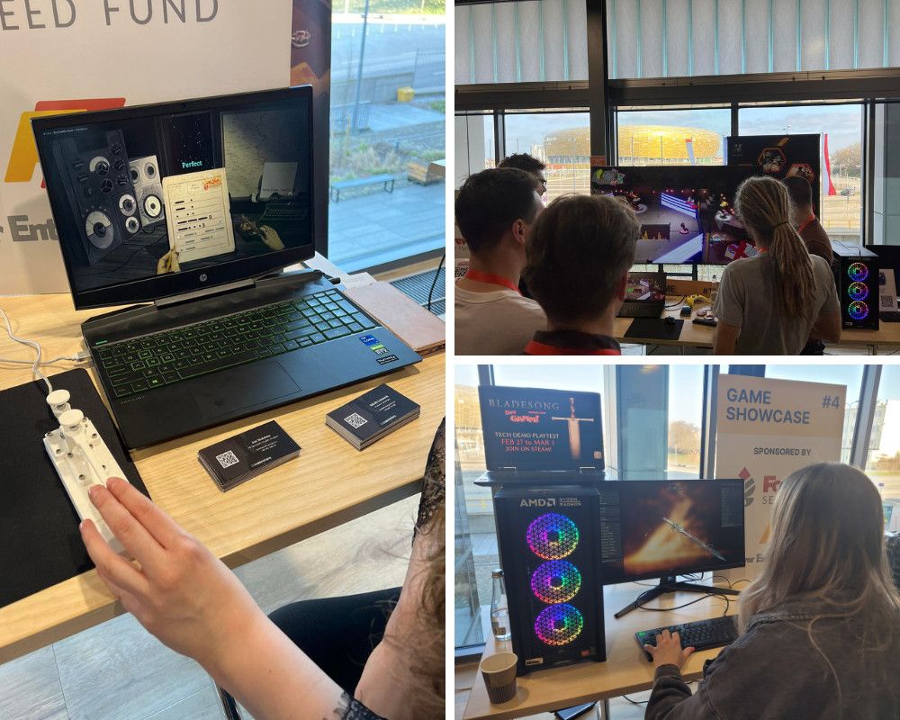 DevGAMM Gdańsk 2024 granie, na zdjęciach widzimy rzuty na ekrany z różnymi grami